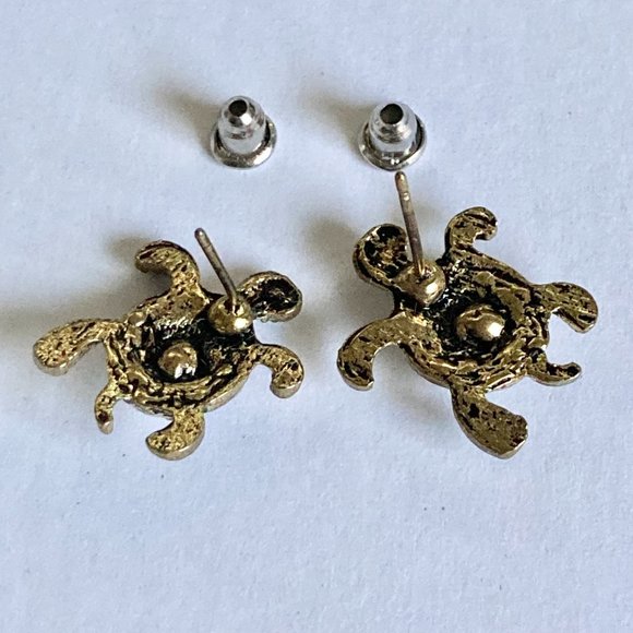Crystal Sea Turtle Post Earrings Gold Tone Plated Nautical Island Beach Dainty - Picture 9 of 12